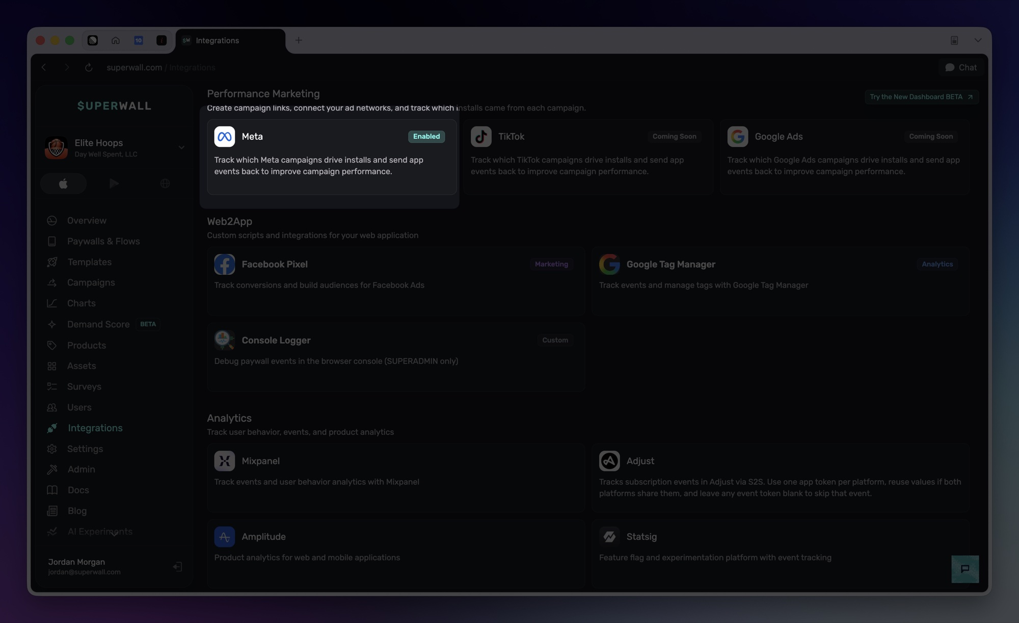The Integrations page showing the Performance Marketing section with the Meta card